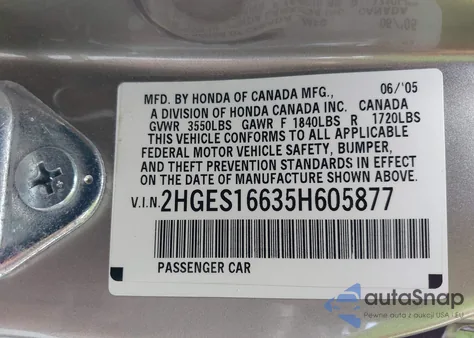 2005 Honda Civic Lx z USA, uszkodzony, nr VIN 2HGES16635H605877